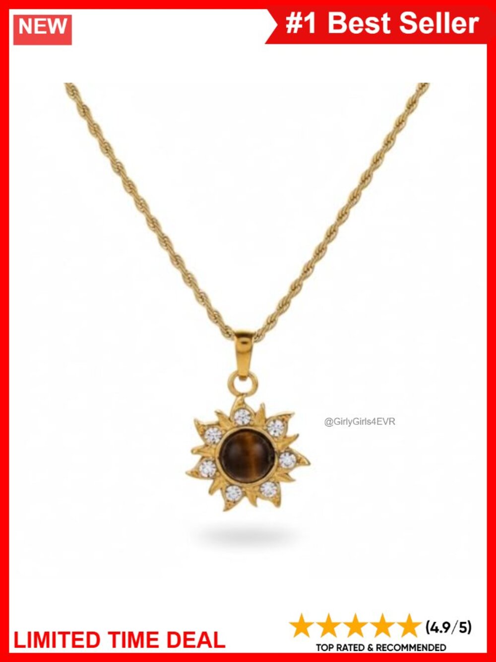 18K Yellow Gold Plated Sunflower Pendant Necklace Tiger's Eye CZ 19.5"